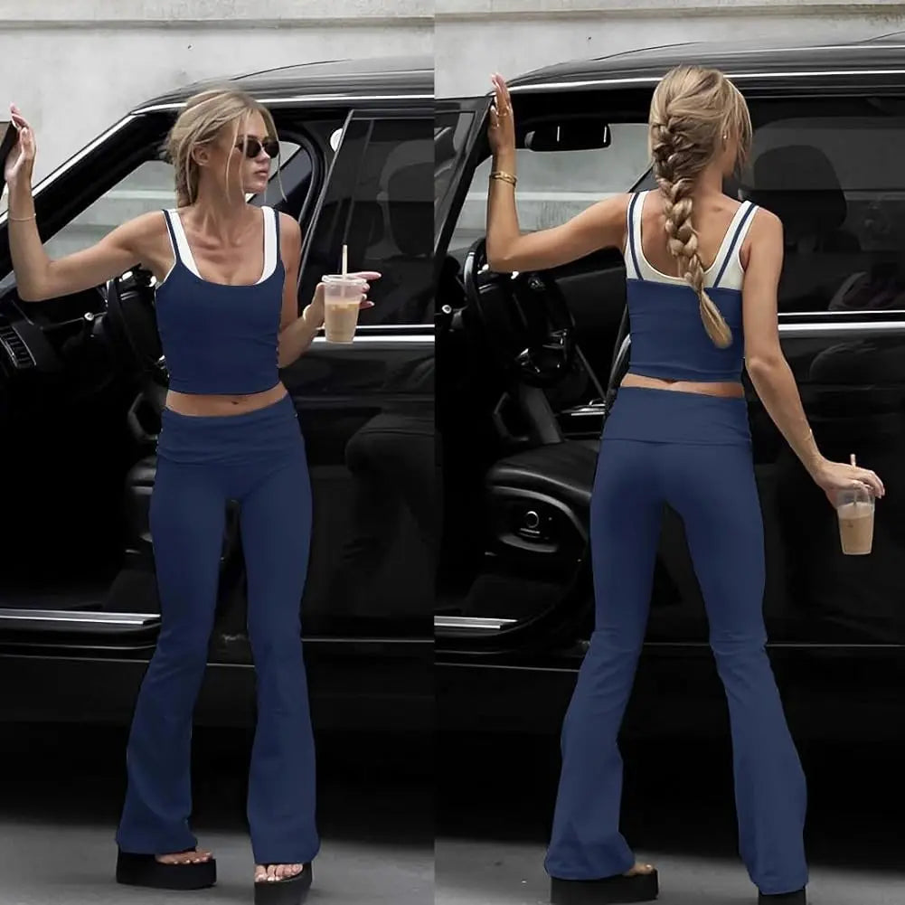 Casual Workout Two Piece Outfits for Women Short Sleeve Crop High Waist Foldover Flare Pants Tracksuit Sets Streetwear