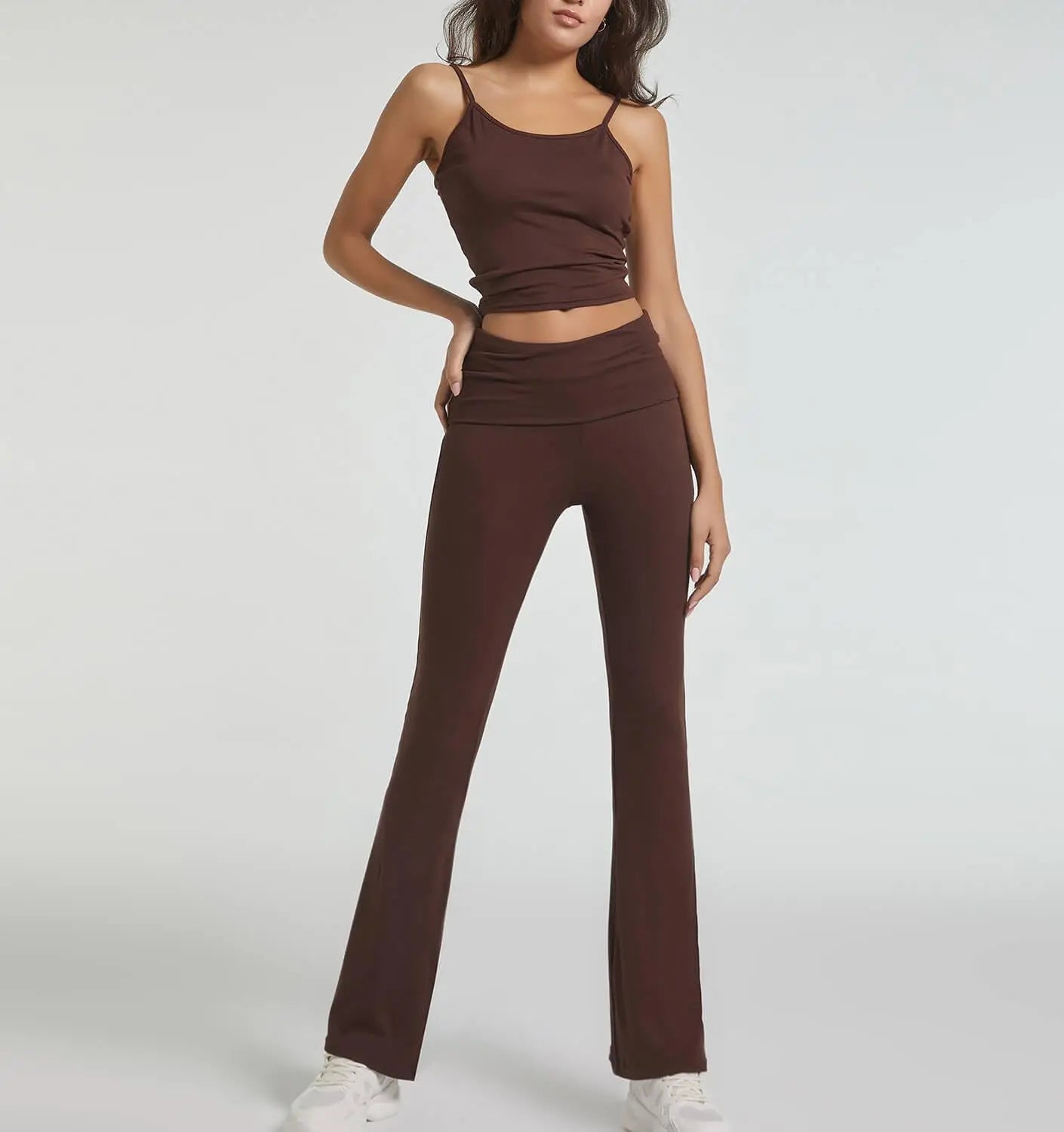 Casual Workout Two Piece Outfits for Women Short Sleeve Crop High Waist Foldover Flare Pants Tracksuit Sets Streetwear