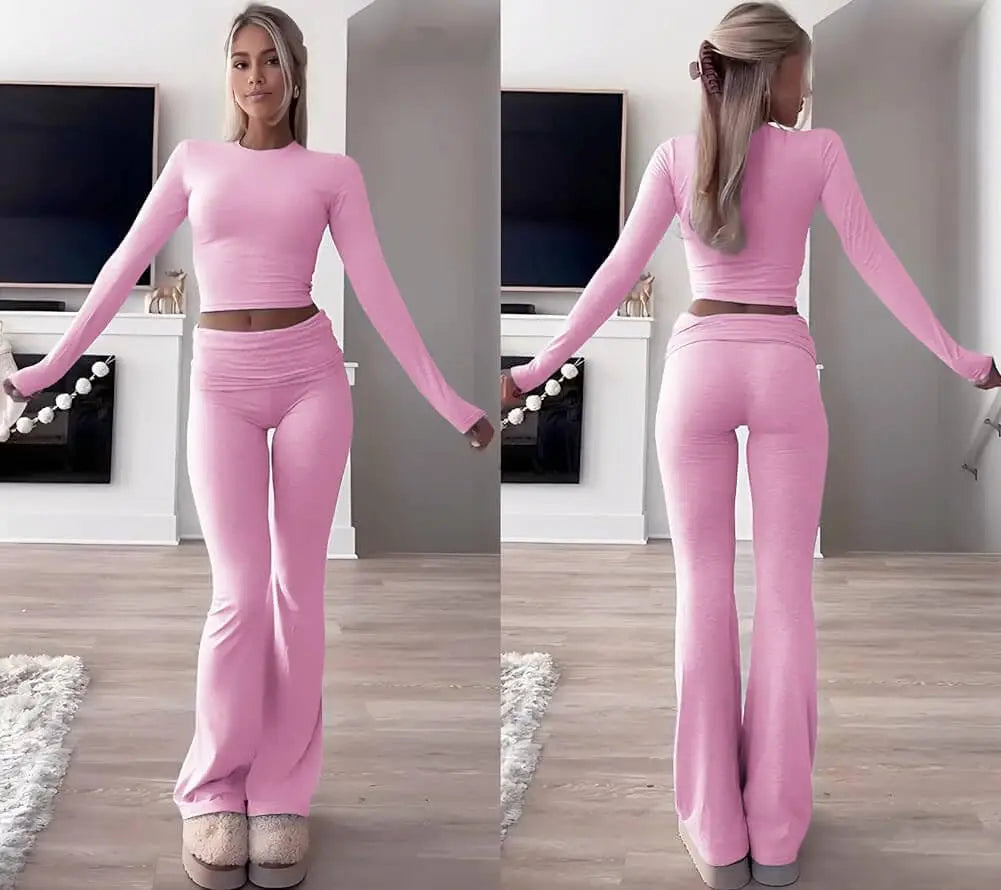 Casual Workout Two Piece Outfits for Women Short Sleeve Crop High Waist Foldover Flare Pants Tracksuit Sets Streetwear