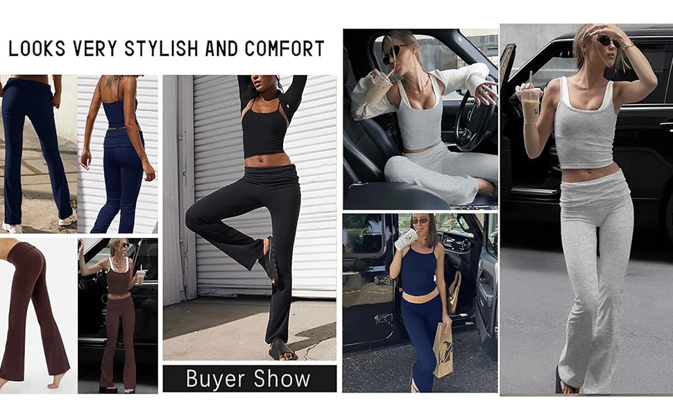 Casual Workout Two Piece Outfits for Women Short Sleeve Crop High Waist Foldover Flare Pants Tracksuit Sets Streetwear
