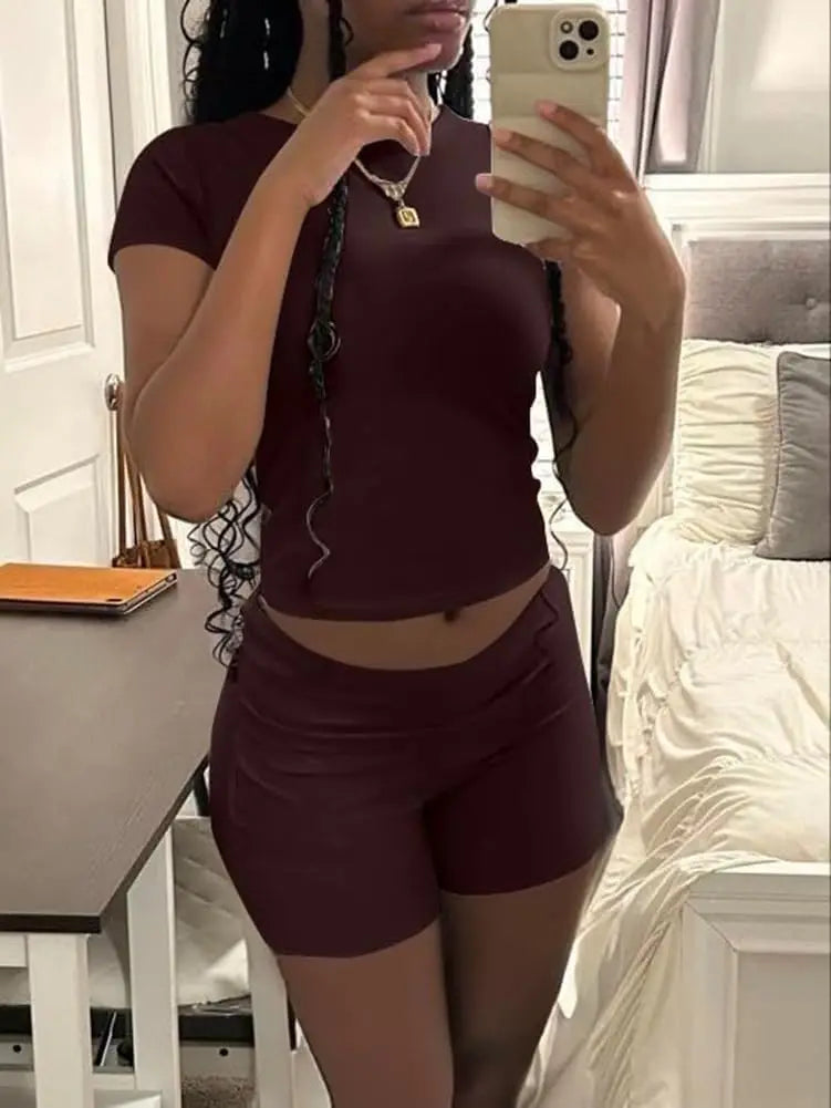 Casual Workout Two Piece Outfits for Women Short Sleeve Crop High Waist Foldover Flare Pants Tracksuit Sets Streetwear