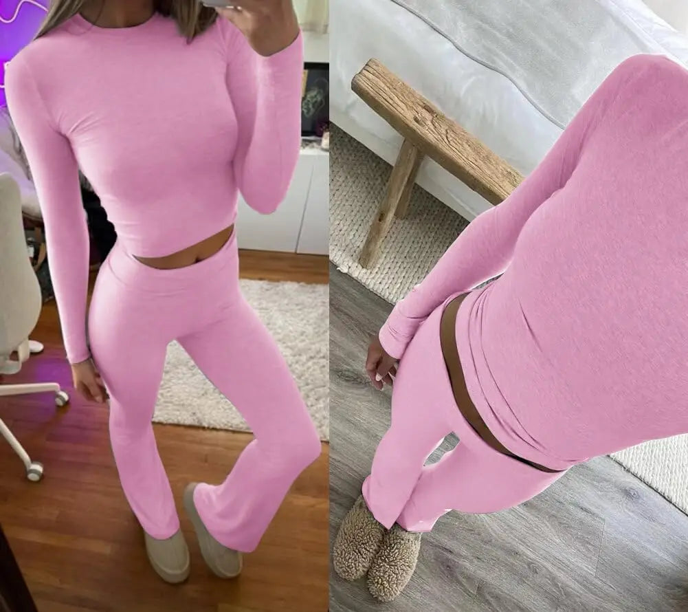 Casual Workout Two Piece Outfits for Women Short Sleeve Crop High Waist Foldover Flare Pants Tracksuit Sets Streetwear