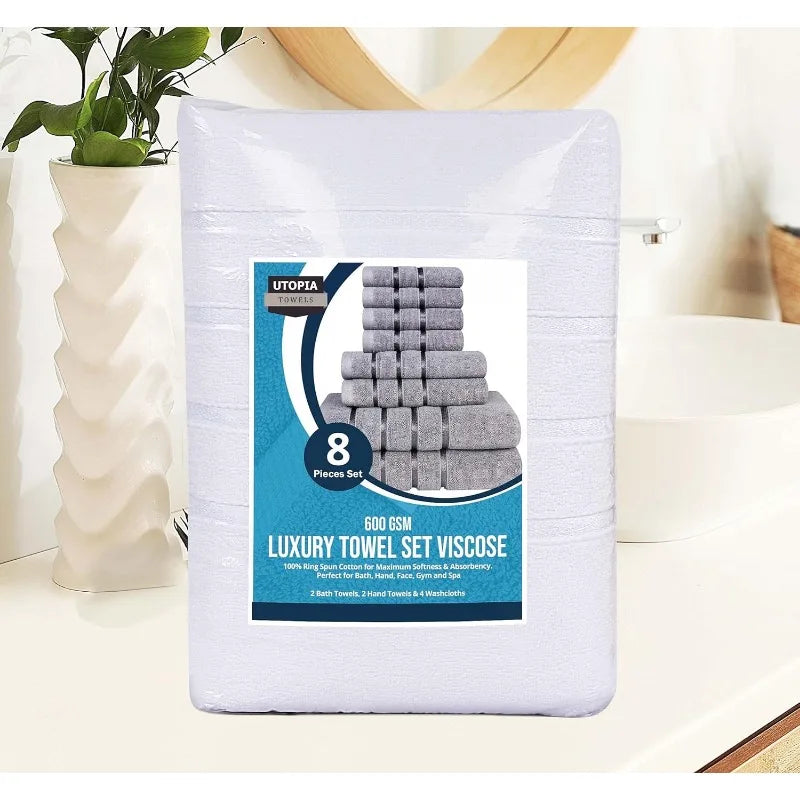 8-Piece Luxury Towel Set, 2 Bath Towels, 2 Hand Towels, and 4 Wash Cloths, 600 GSM Ring Spun Cotton Highly Absorbent Viscose