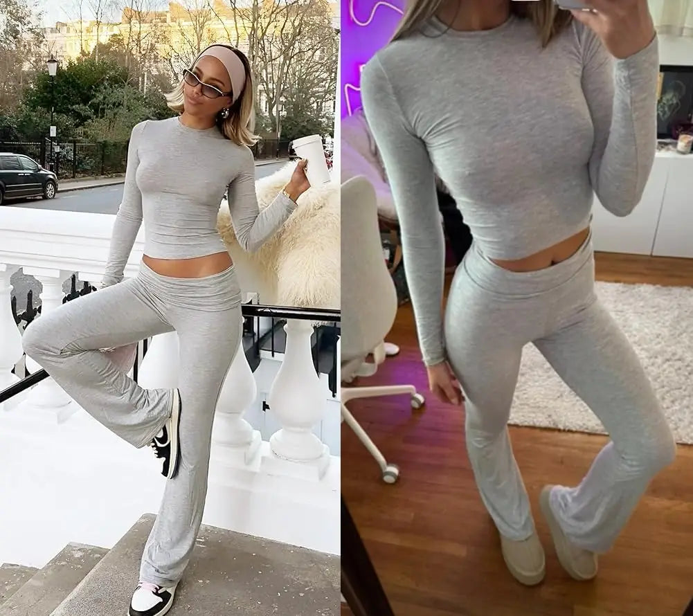 Casual Workout Two Piece Outfits for Women Short Sleeve Crop High Waist Foldover Flare Pants Tracksuit Sets Streetwear