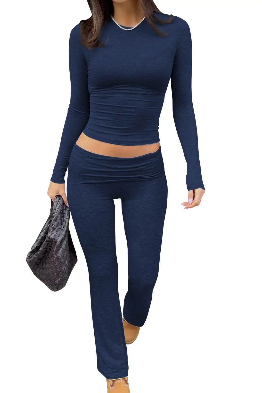 Casual Workout Two Piece Outfits for Women Short Sleeve Crop High Waist Foldover Flare Pants Tracksuit Sets Streetwear