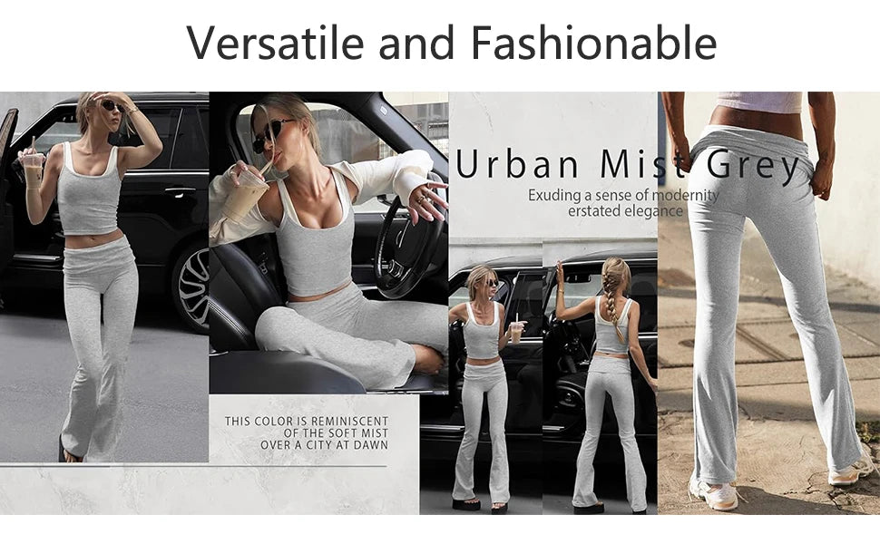 Casual Workout Two Piece Outfits for Women Short Sleeve Crop High Waist Foldover Flare Pants Tracksuit Sets Streetwear
