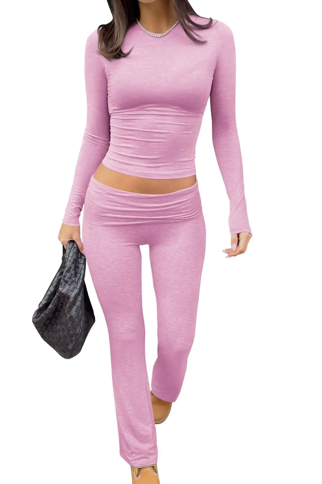 Casual Workout Two Piece Outfits for Women Short Sleeve Crop High Waist Foldover Flare Pants Tracksuit Sets Streetwear