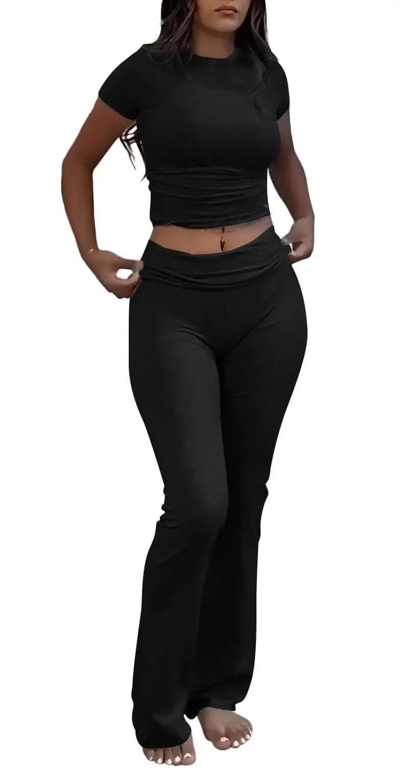 Casual Workout Two Piece Outfits for Women Short Sleeve Crop High Waist Foldover Flare Pants Tracksuit Sets Streetwear