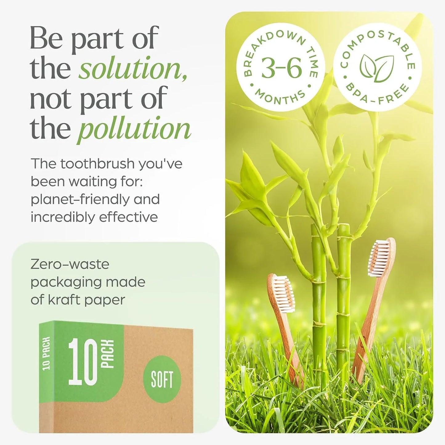 Biodegradable bamboo toothbrush 10 packs, environmentally friendly, compostable natural wooden toothbrush