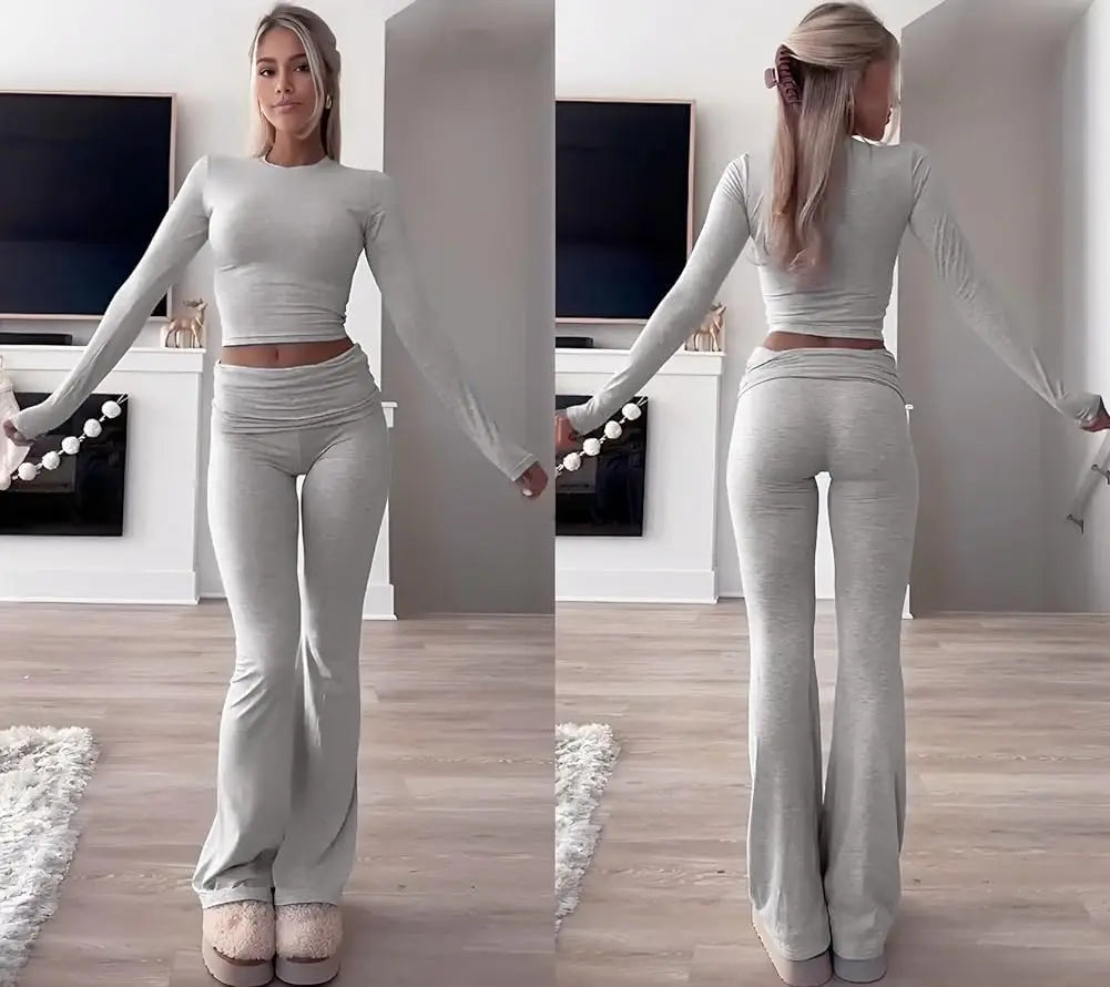 Casual Workout Two Piece Outfits for Women Short Sleeve Crop High Waist Foldover Flare Pants Tracksuit Sets Streetwear