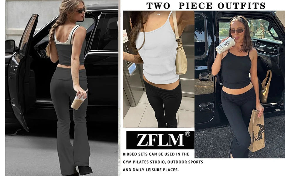 Casual Workout Two Piece Outfits for Women Short Sleeve Crop High Waist Foldover Flare Pants Tracksuit Sets Streetwear