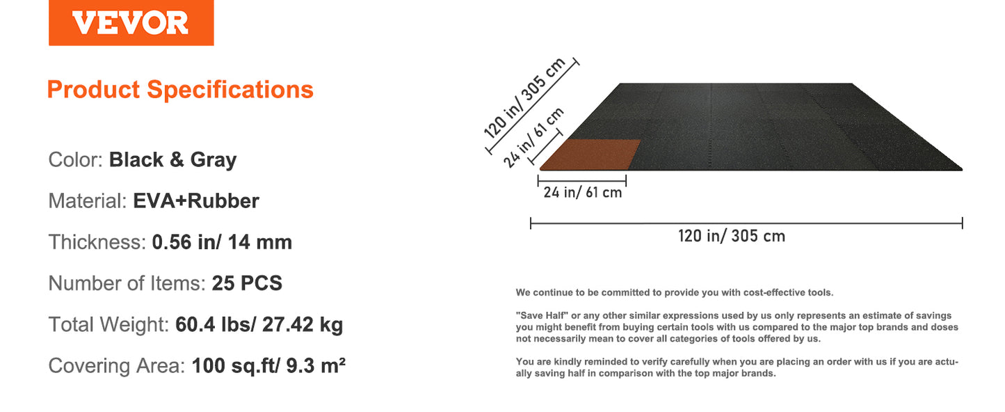 VEVOR 25/12/6 PCS 1/2 inch Thick Gym Floor Mats EVA Foam & Rubber Top Interlocking Workout Floor Mats Waterproof Exercise Mats