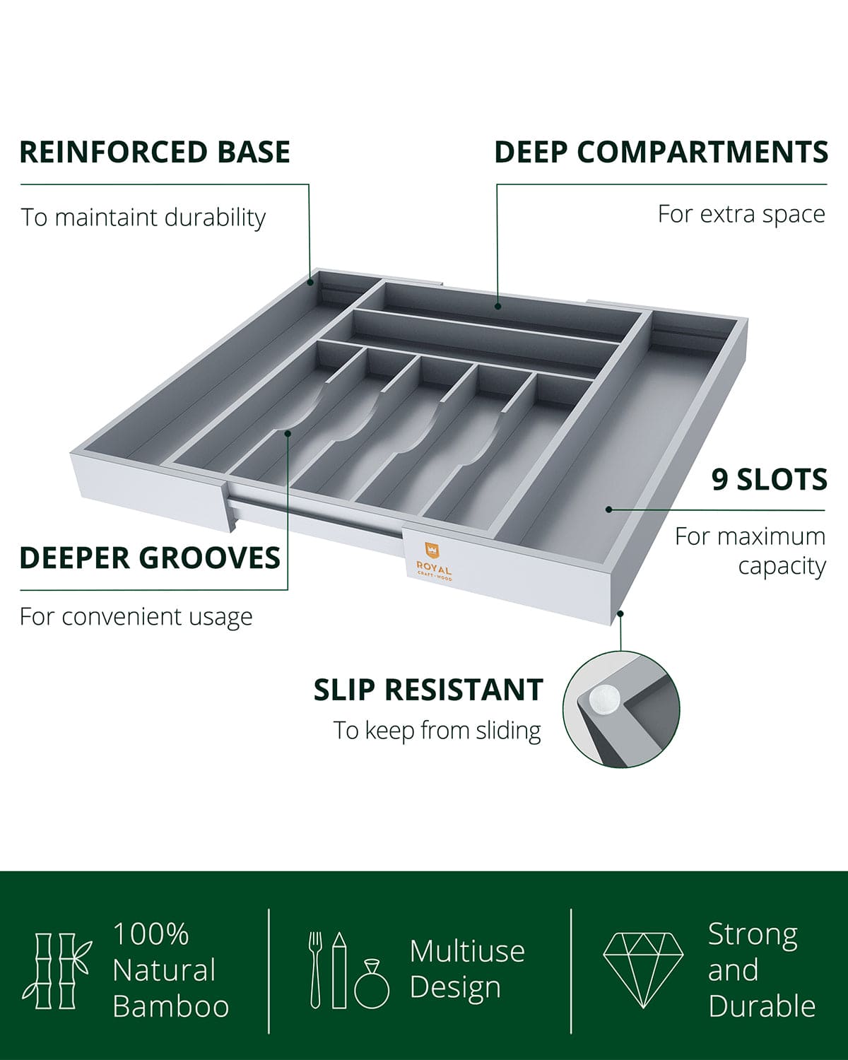 Silverware Drawer Organizer, Gray (9 Slots)