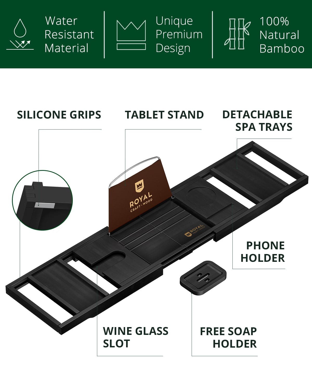 Foldable Bathtub Caddy Tray, Black