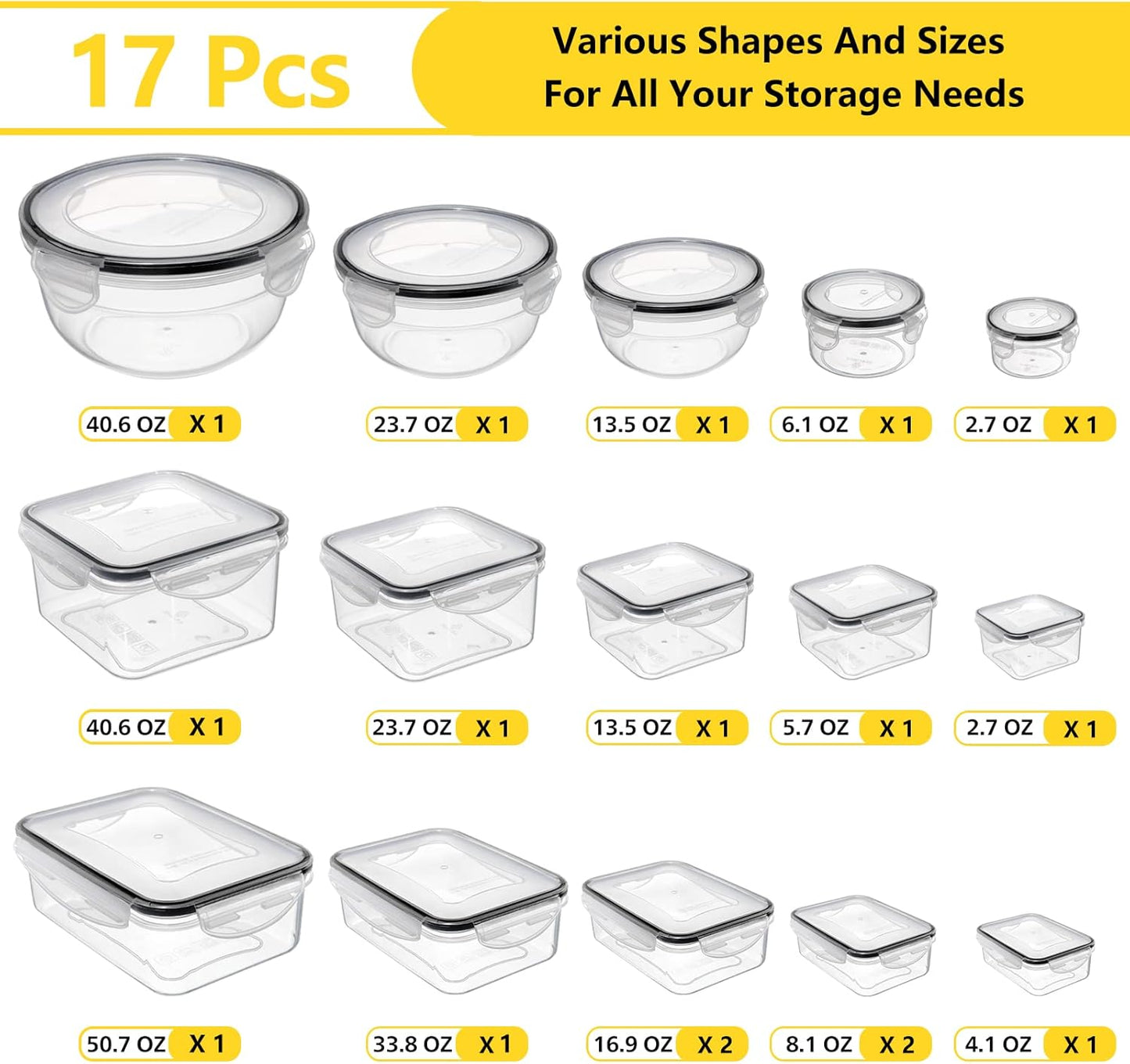 34 PCS Food Storage Containers Set with Airtight Lids (17 Lids &17 Containers) - BPA-Free Plastic Food Container for Kitchen Storage Organization, Fruit Meal-prep Containers with Labels & Marker