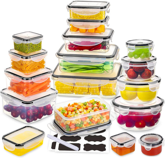 34 PCS Food Storage Containers Set with Airtight Lids (17 Lids &17 Containers) - BPA-Free Plastic Food Container for Kitchen Storage Organization, Fruit Meal-prep Containers with Labels & Marker