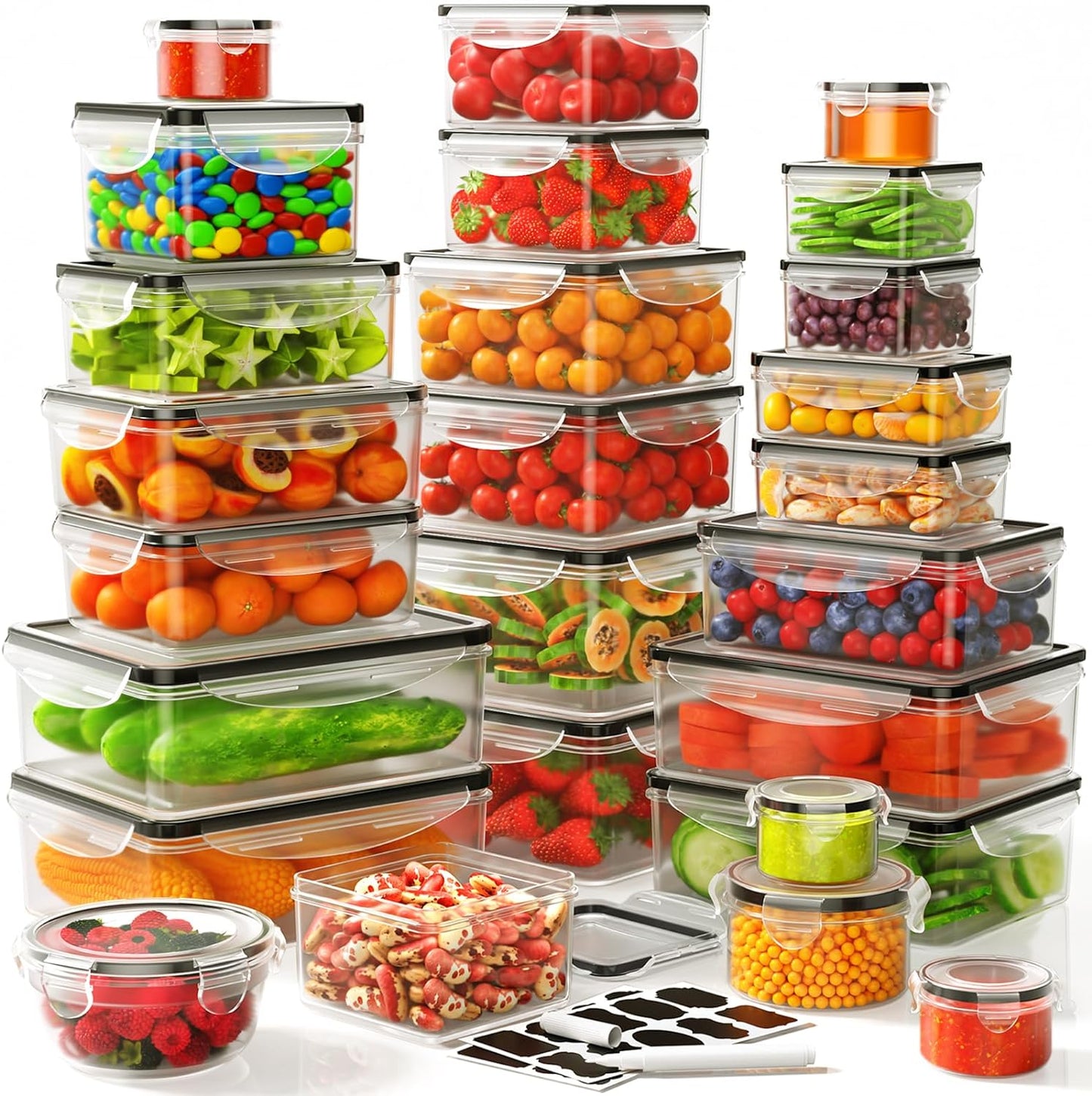 34 PCS Food Storage Containers Set with Airtight Lids (17 Lids &17 Containers) - BPA-Free Plastic Food Container for Kitchen Storage Organization, Fruit Meal-prep Containers with Labels & Marker