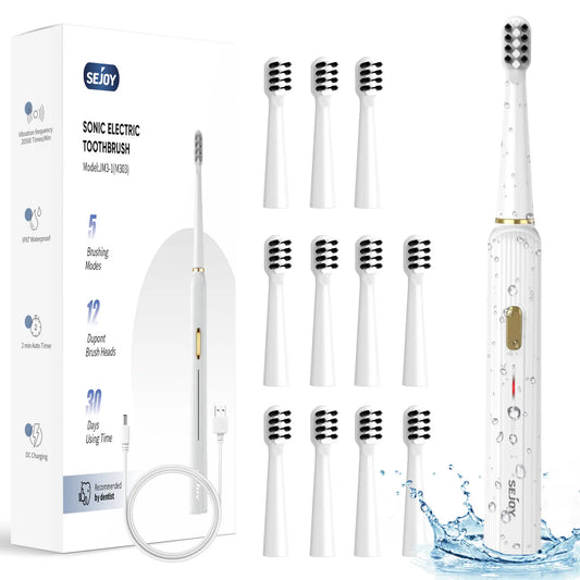 Sejoy Sonic Toothbrush Rechargeable  Ultra Whitening Electric Toothbrush 8 Brush Heads Wireless Charging 5 Modes Smart Timer