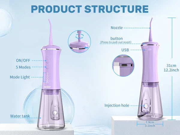 SEJOY Dental Oral Irrigator USB Rechargeable Teeth Cleaner Portable Dental Water Flosser 5 Modes IPX7 Mouth Washing Machine 350m