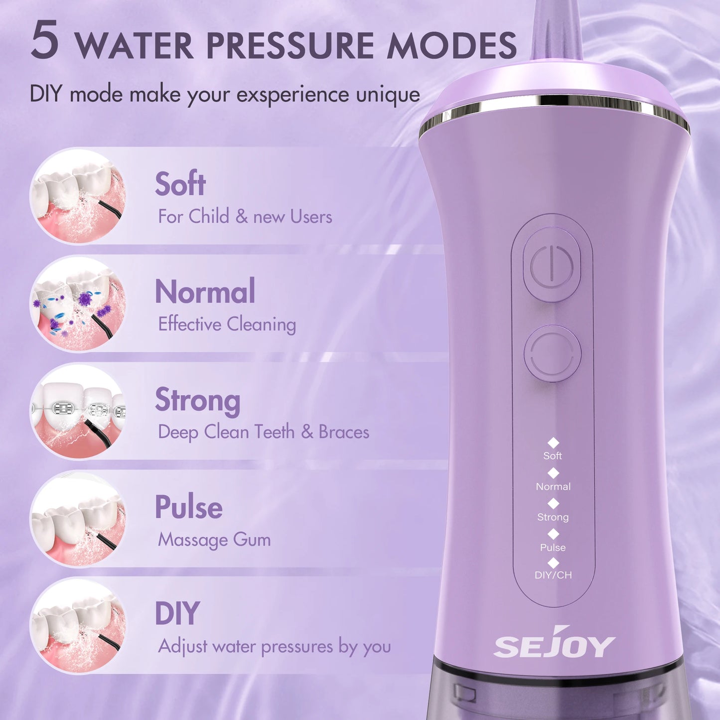 SEJOY Dental Oral Irrigator USB Rechargeable Teeth Cleaner Portable Dental Water Flosser 5 Modes IPX7 Mouth Washing Machine 350m
