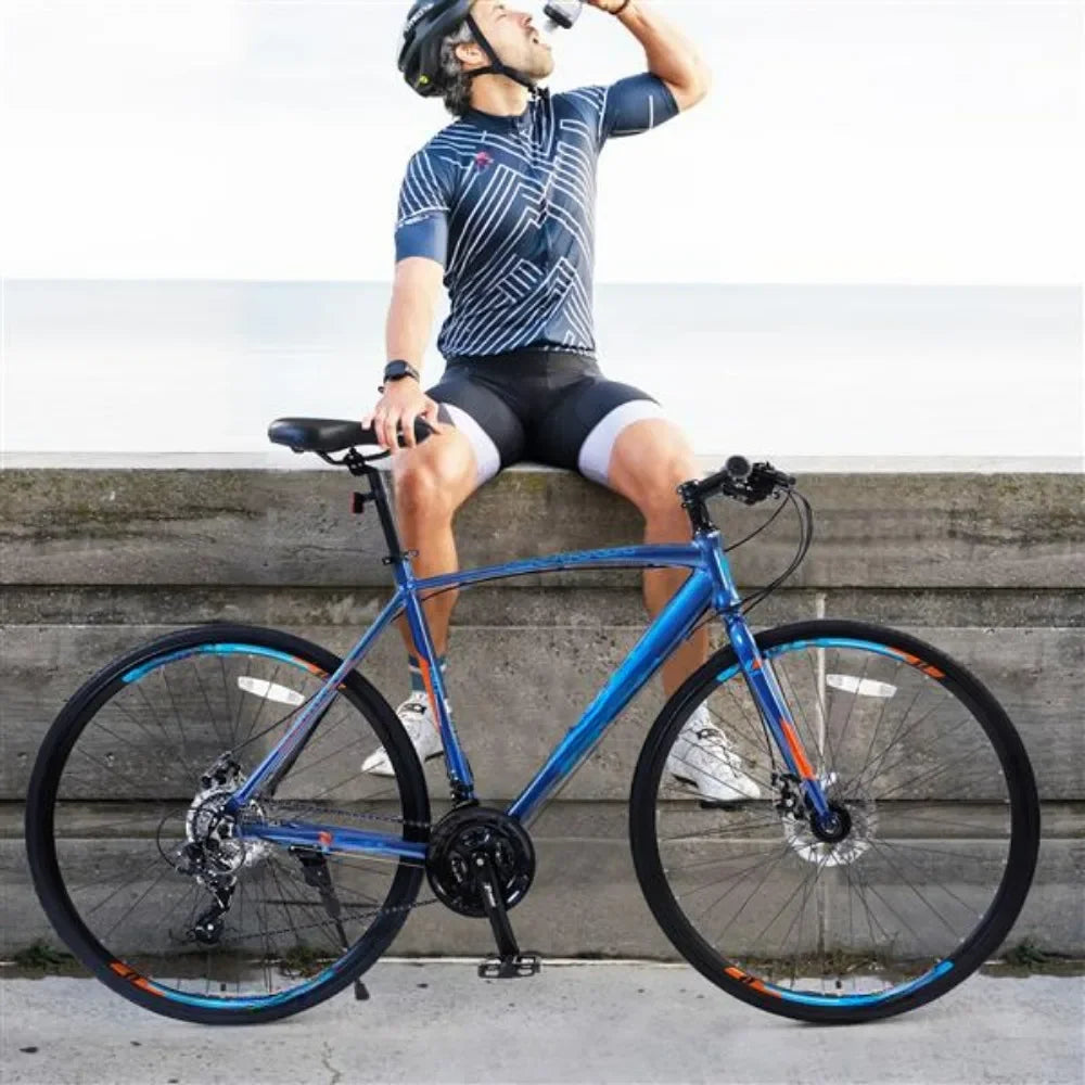 700C Road Bike for Adult ,  Alloy Frame/Dual-Disc Brakes, blue, Hybrid bike Disc Brake, 24-Speed Unisex Hybrid Road Bicycle