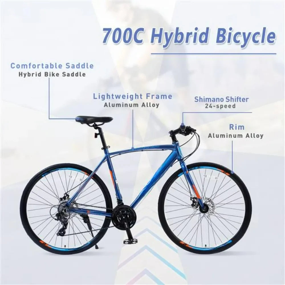 700C Road Bike for Adult ,  Alloy Frame/Dual-Disc Brakes, blue, Hybrid bike Disc Brake, 24-Speed Unisex Hybrid Road Bicycle