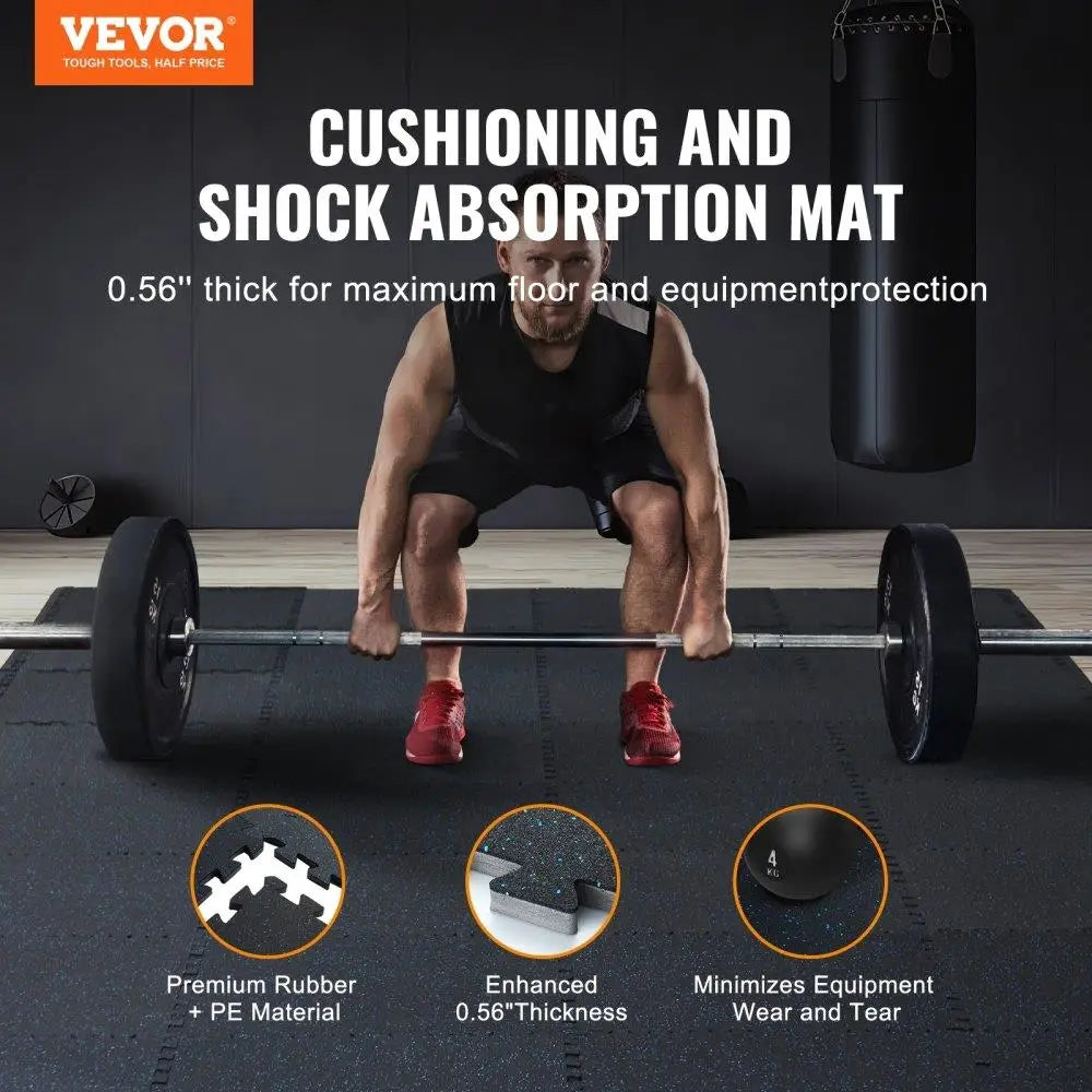 0.56" Thick Gym Floor Mats 12 Tiles Rubber Top with EVA Foam Black & Blue