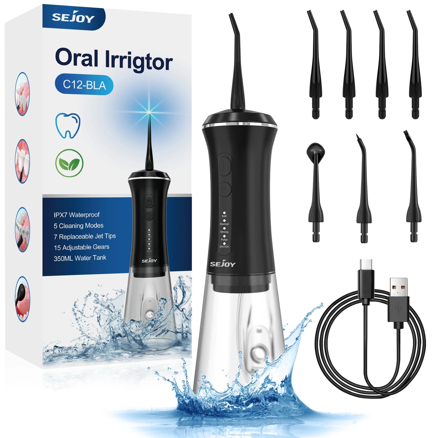 SEJOY Dental Oral Irrigator USB Rechargeable Teeth Cleaner Portable Dental Water Flosser 5 Modes IPX7 Mouth Washing Machine 350m