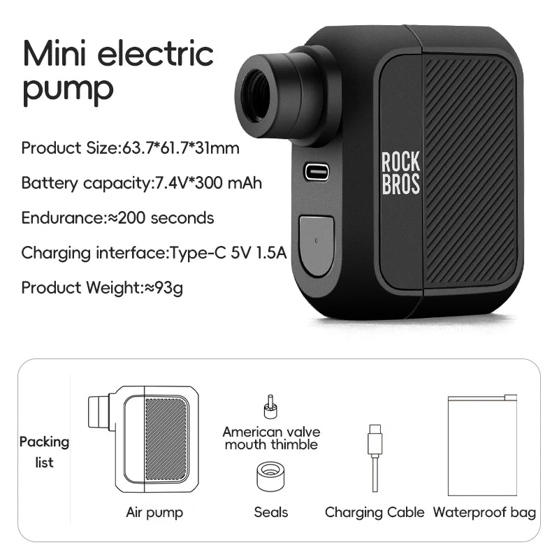 ROCKBROS Portable Mini Electric Bicycle Pump 100PSI Type-C Rechargeable Air Inflator Bike Pump MTB Road AV FV Valve Cycling Pump