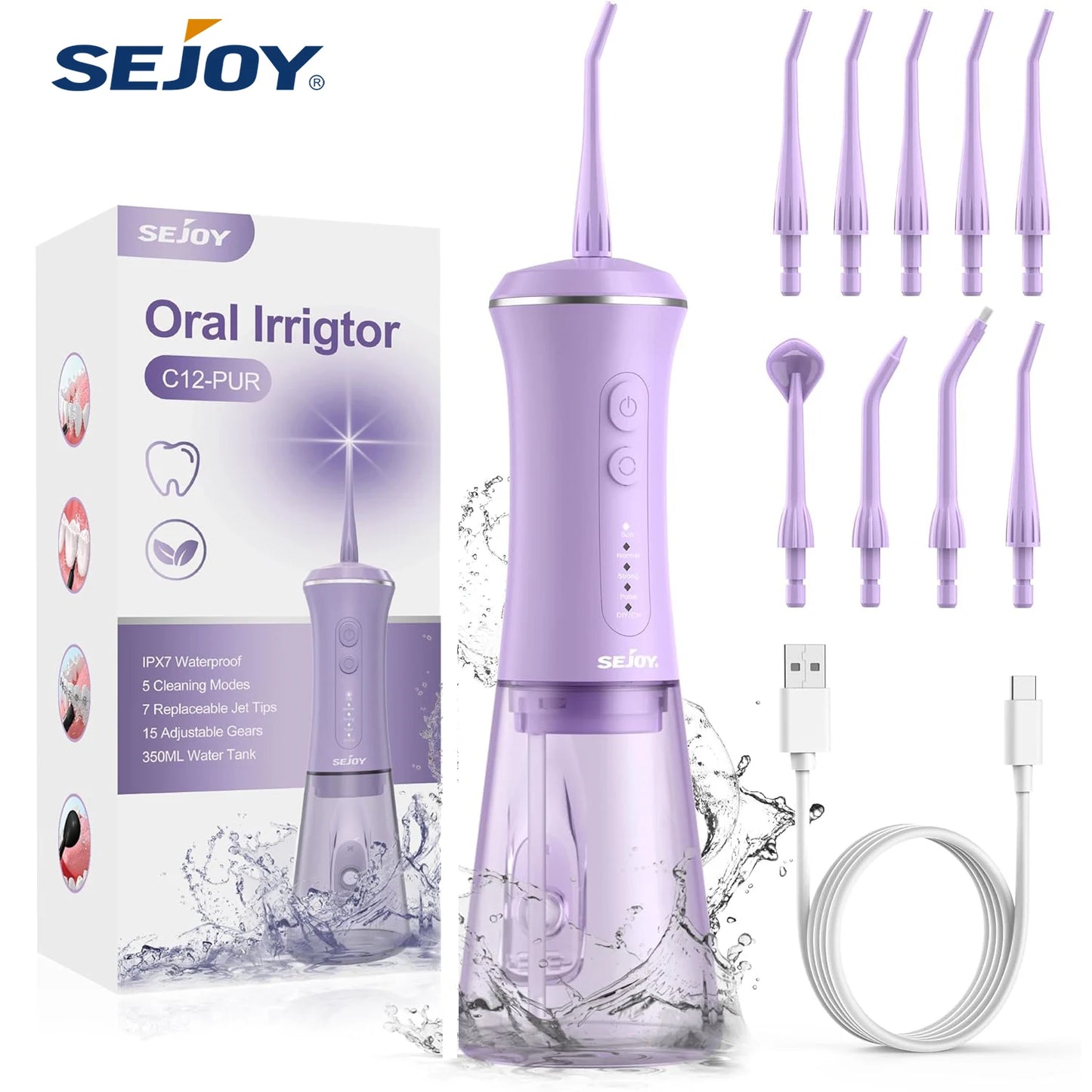 SEJOY Dental Oral Irrigator USB Rechargeable Teeth Cleaner Portable Dental Water Flosser 5 Modes IPX7 Mouth Washing Machine 350m