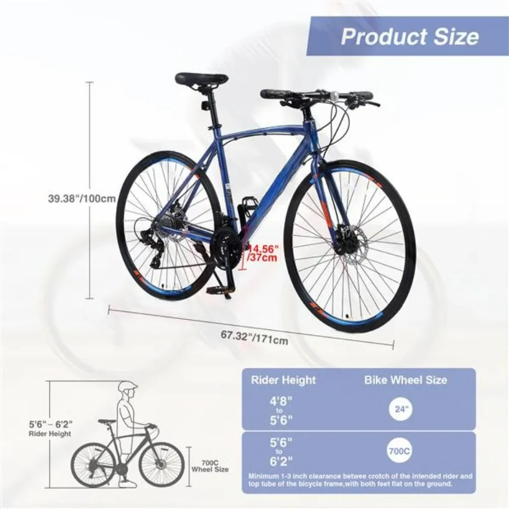 700C Road Bike for Adult ,  Alloy Frame/Dual-Disc Brakes, blue, Hybrid bike Disc Brake, 24-Speed Unisex Hybrid Road Bicycle