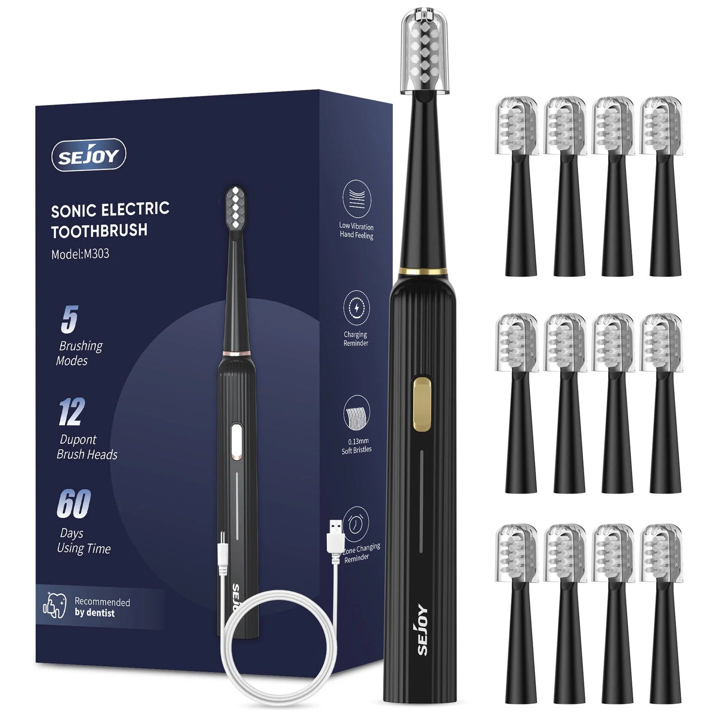 Sejoy Sonic Toothbrush Rechargeable  Ultra Whitening Electric Toothbrush 8 Brush Heads Wireless Charging 5 Modes Smart Timer